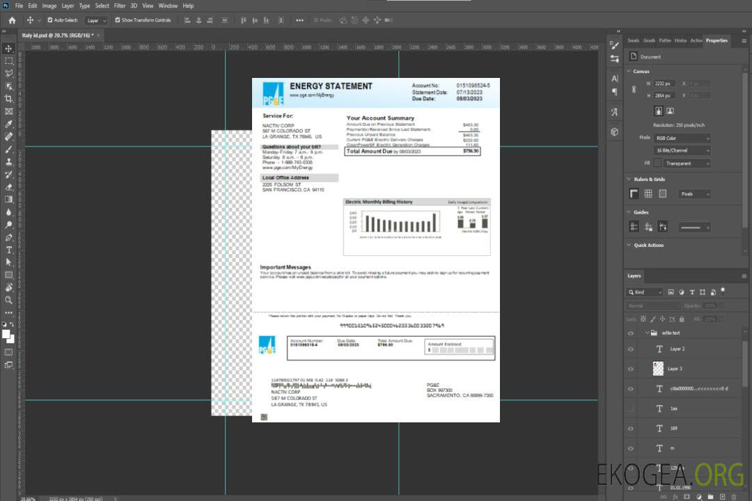 Facture commerciale du service public d'électricité PG&E de Californie, SCR template Facture commerciale du service public d'électricité PG&E de Californie, SCR template